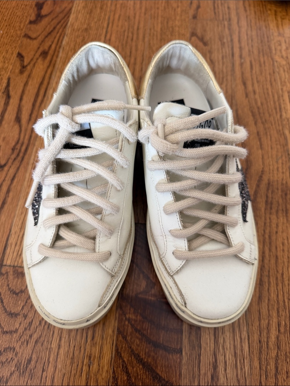 Golden Goose White Sneakers with Cream Laces and Gold Heel